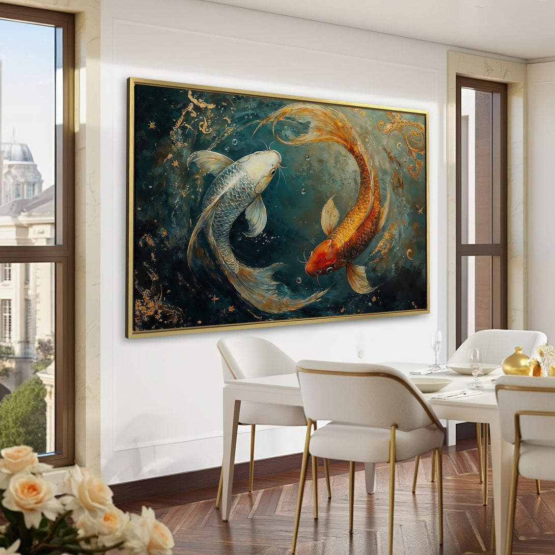 Canvas Print of koi fish art in a dark teal and gold palette, perfect for adding a touch of elegance to your home or office.