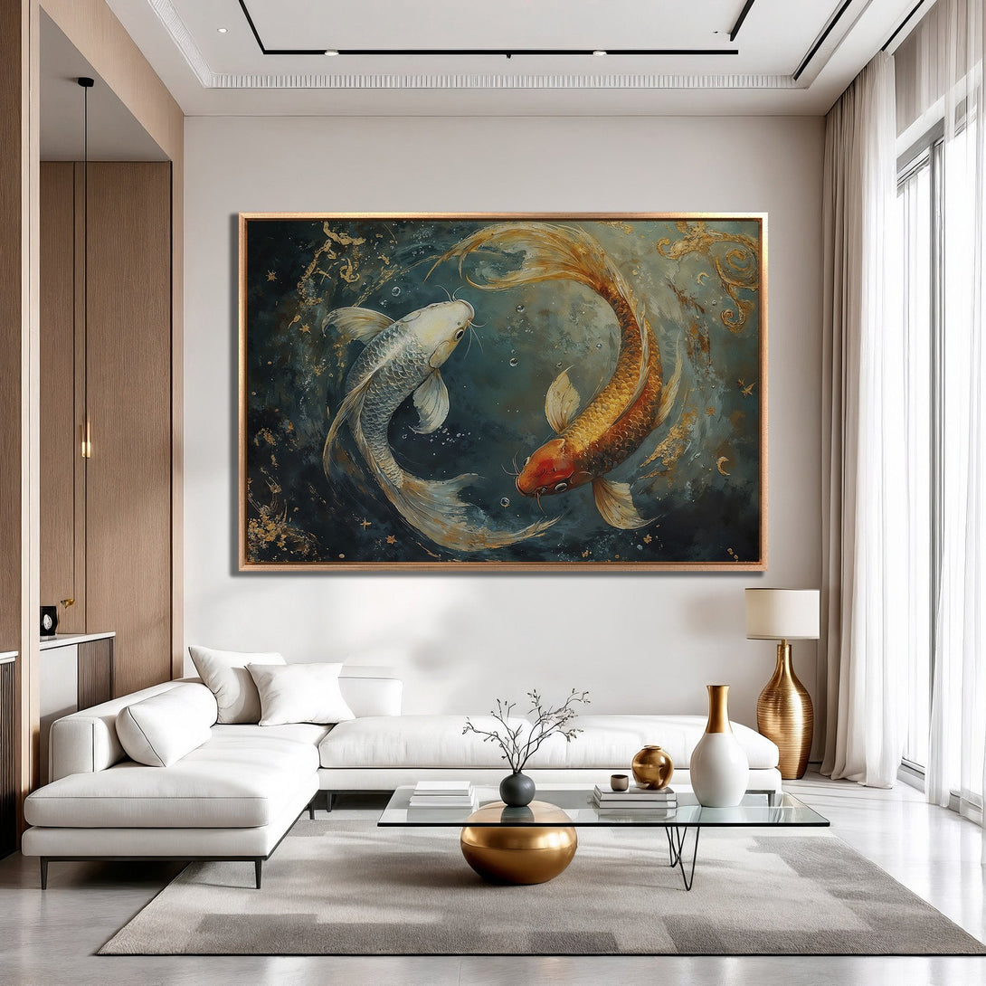 Framed Wall Art: Stunning koi fish painting in gold and teal tones. Enhance your space with this elegant, modern Canvas Print.