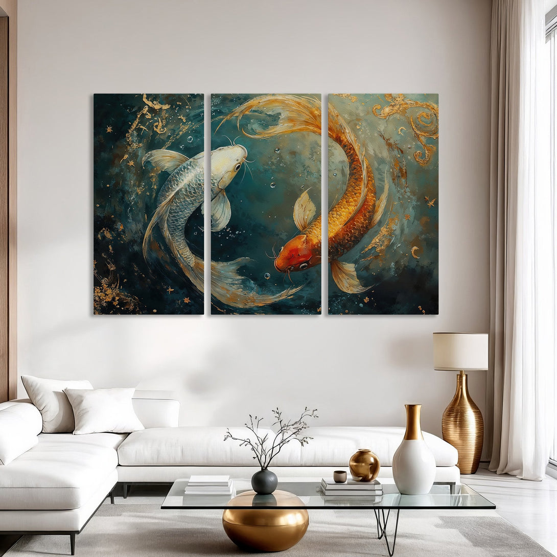 Canvas Print of koi fish in teal and gold, perfect for modern home decor. Abstract style with a calming color palette.