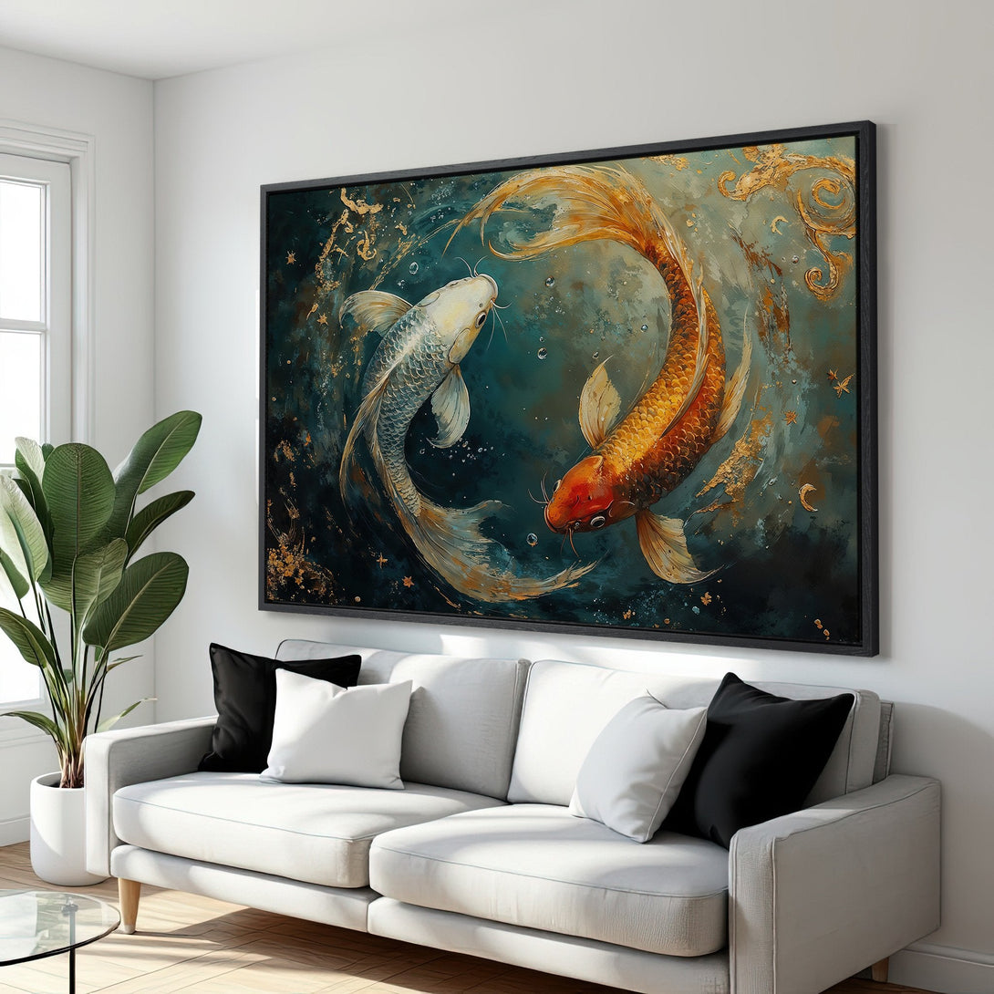 Framed Wall Art of koi fish swimming in teal and gold. Modern abstract style Canvas Print adds elegance to any living room.