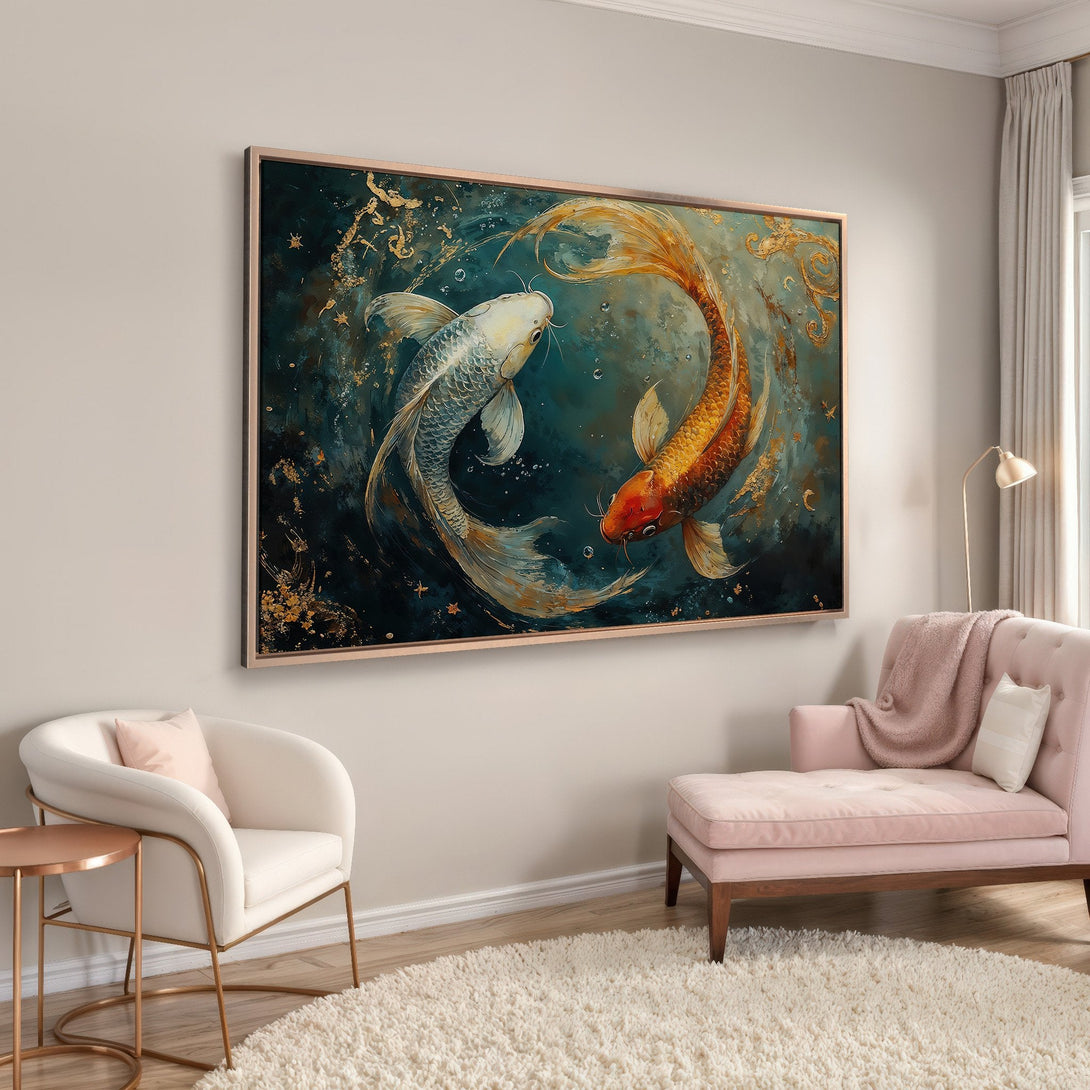 Framed Wall Art featuring koi fish in teal, gold, and orange. Elegant, artistic canvas print adds a touch of serenity to any space.