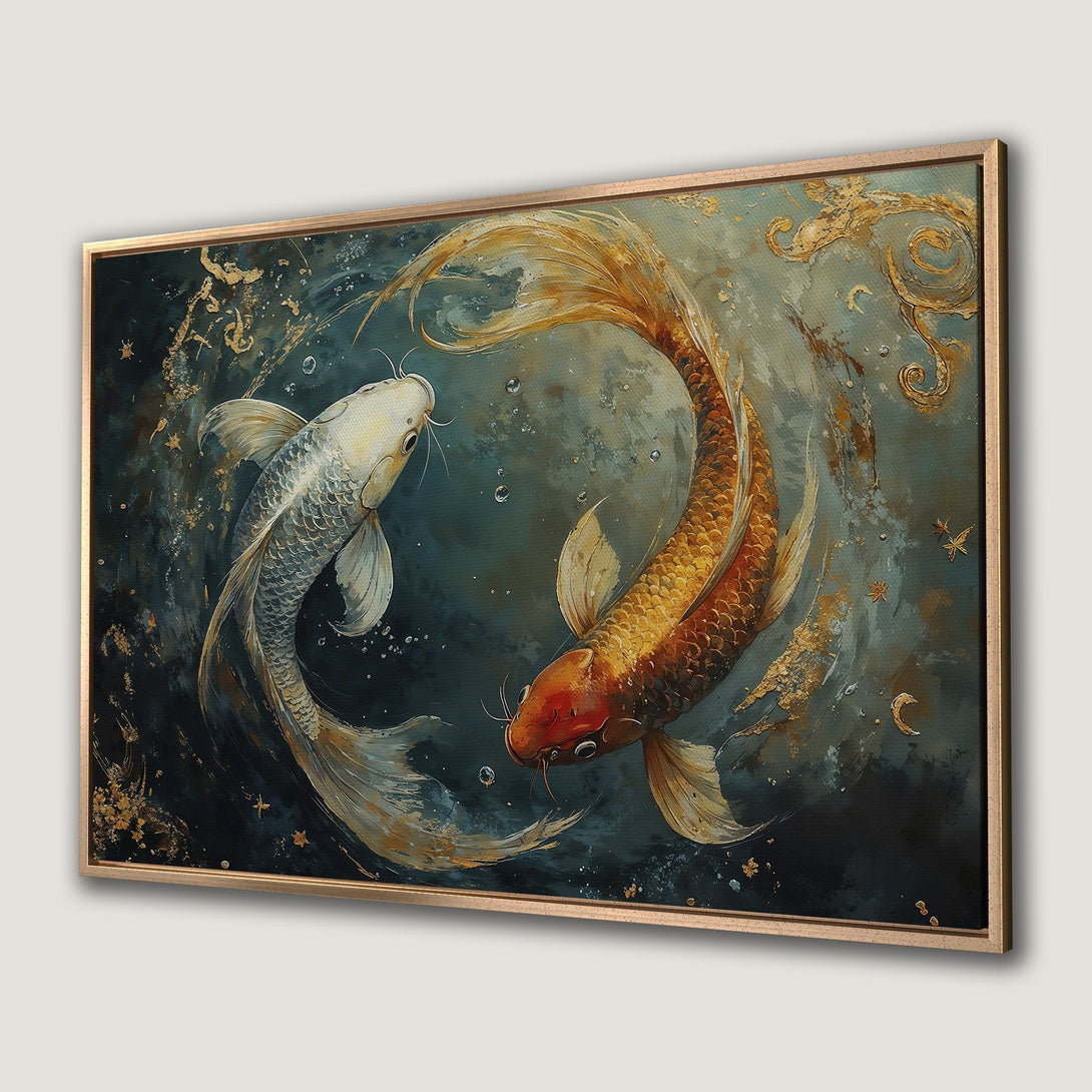 Framed Wall Art: Koi fish painting in a serene, abstract style with a teal and gold color palette. Perfect for adding zen to your space!