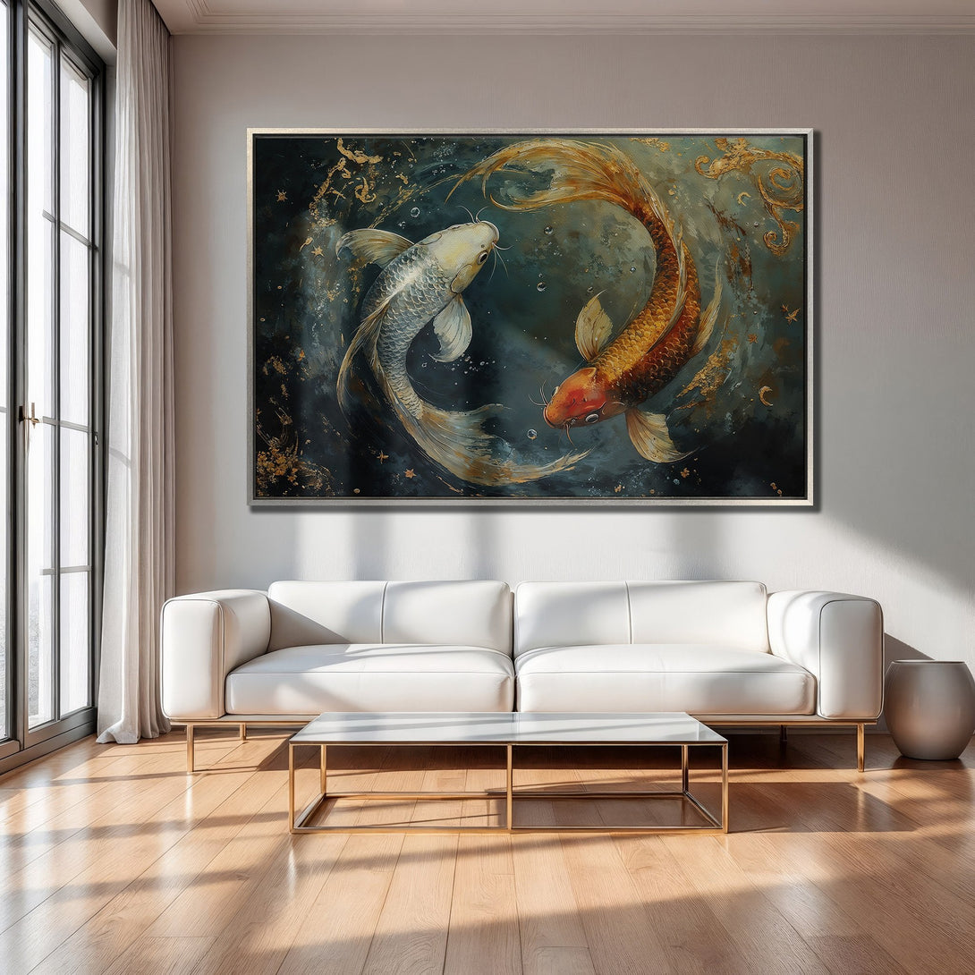 Framed Wall Art: Koi fish painting in teal, gold, and white. Elegant canvas print for modern home decor.  Adds a touch of tranquility.