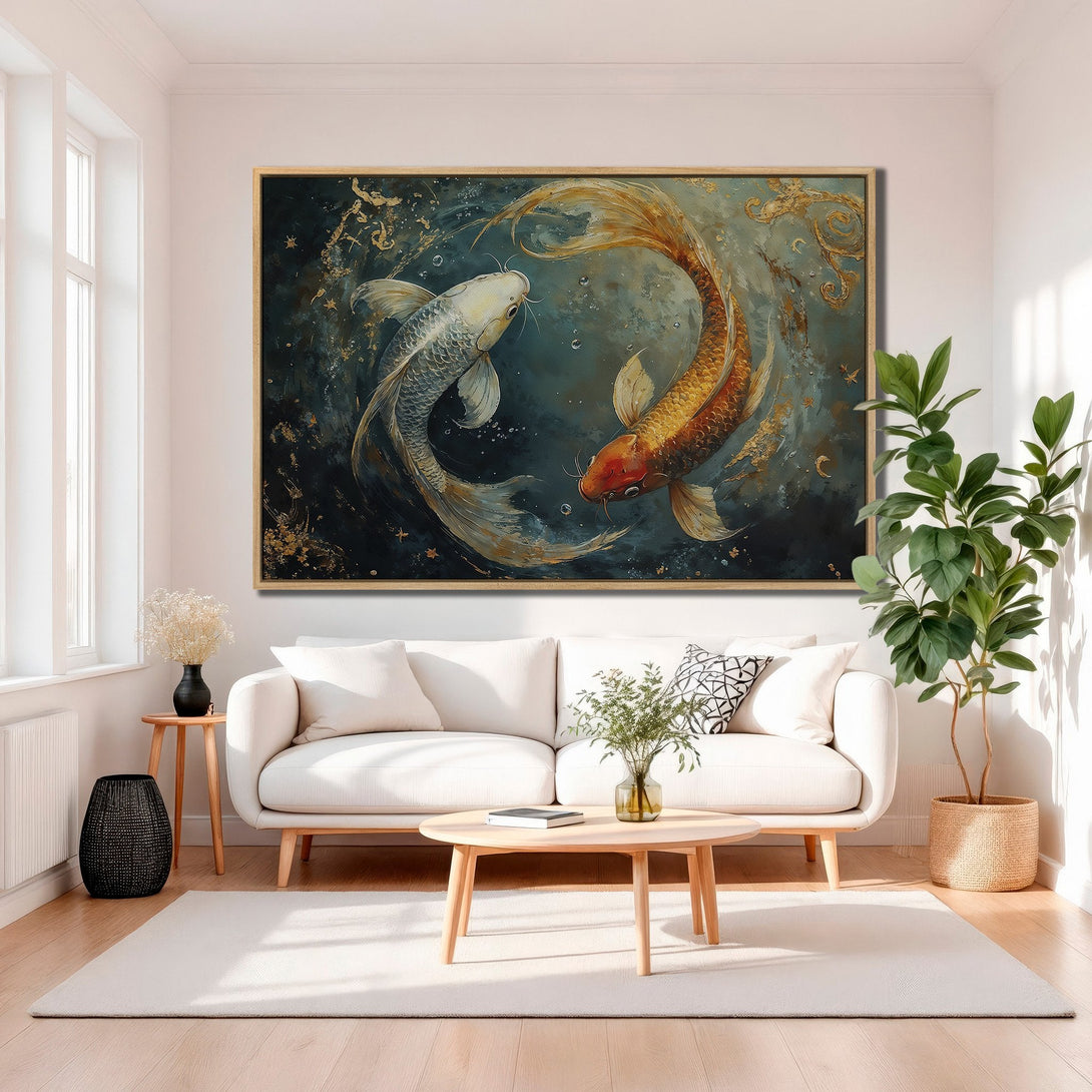Framed Wall Art featuring koi fish in teal and gold tones. Modern art style canvas print adds elegance to any living room.