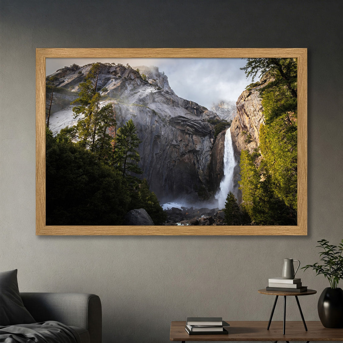 Framed Poster of a majestic waterfall scene. Nature photography art print with a muted, earthy color palette. Bring the outdoors in!
