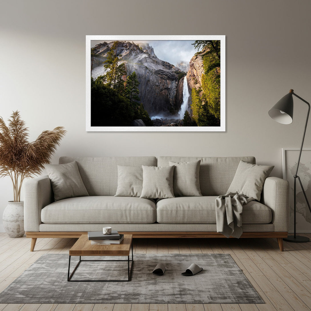 Framed Poster featuring a stunning waterfall landscape. Earthy tones and natural style create a serene atmosphere. Perfect wall art!