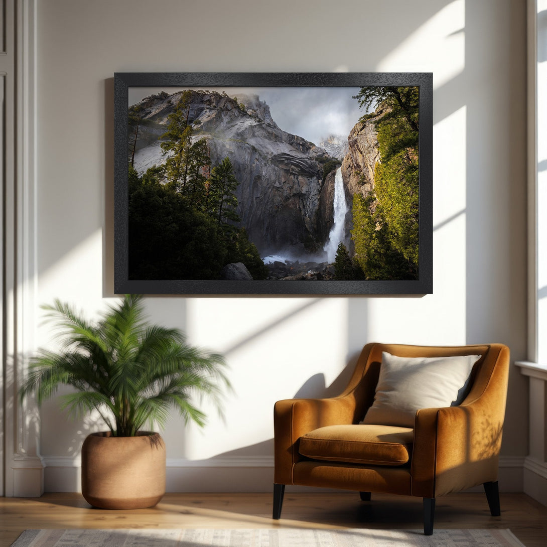 Framed Poster of a majestic waterfall scene. Nature-inspired art in a neutral, earthy color palette. Perfect for home decor.