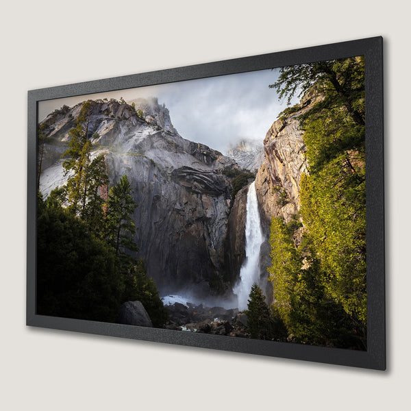 Framed Poster of Yosemite Falls. Nature photography in a landscape style with green, gray, and white color palette. Perfect wall art.