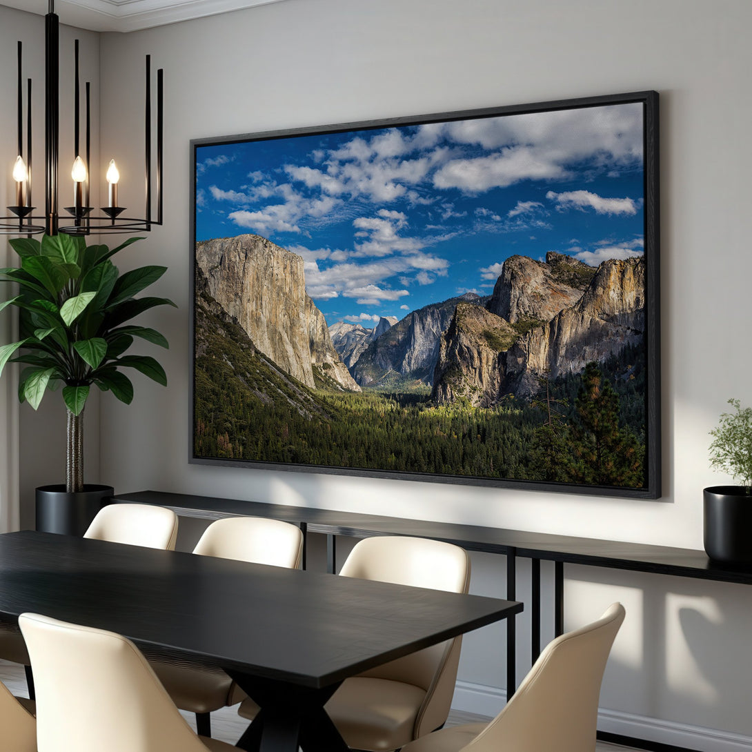 Framed Wall Art of Yosemite Valley landscape. Stunning nature art with blue sky, green trees, and earth tones. Perfect for home decor.