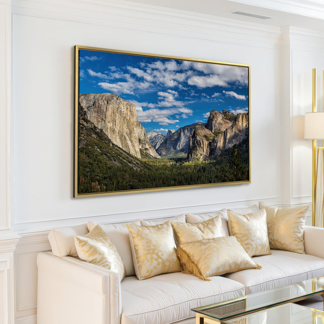Canvas Print of a stunning mountain landscape in a modern living room. Earthy tones with blue sky create a serene, nature-inspired aesthetic.