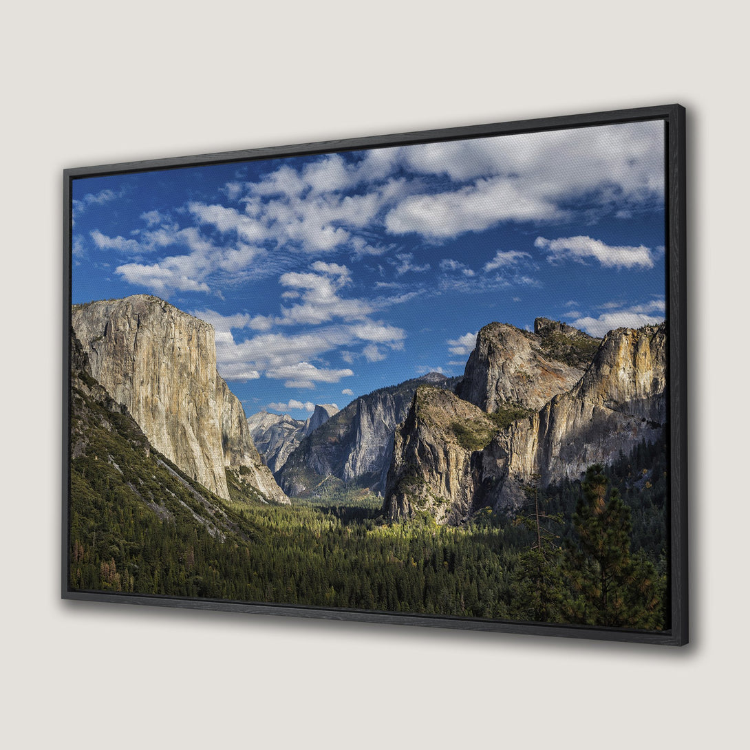 Framed Wall Art: Stunning landscape Canvas Print of Yosemite Valley. Featuring mountains, blue sky, and green trees. Add natural beauty to your home!