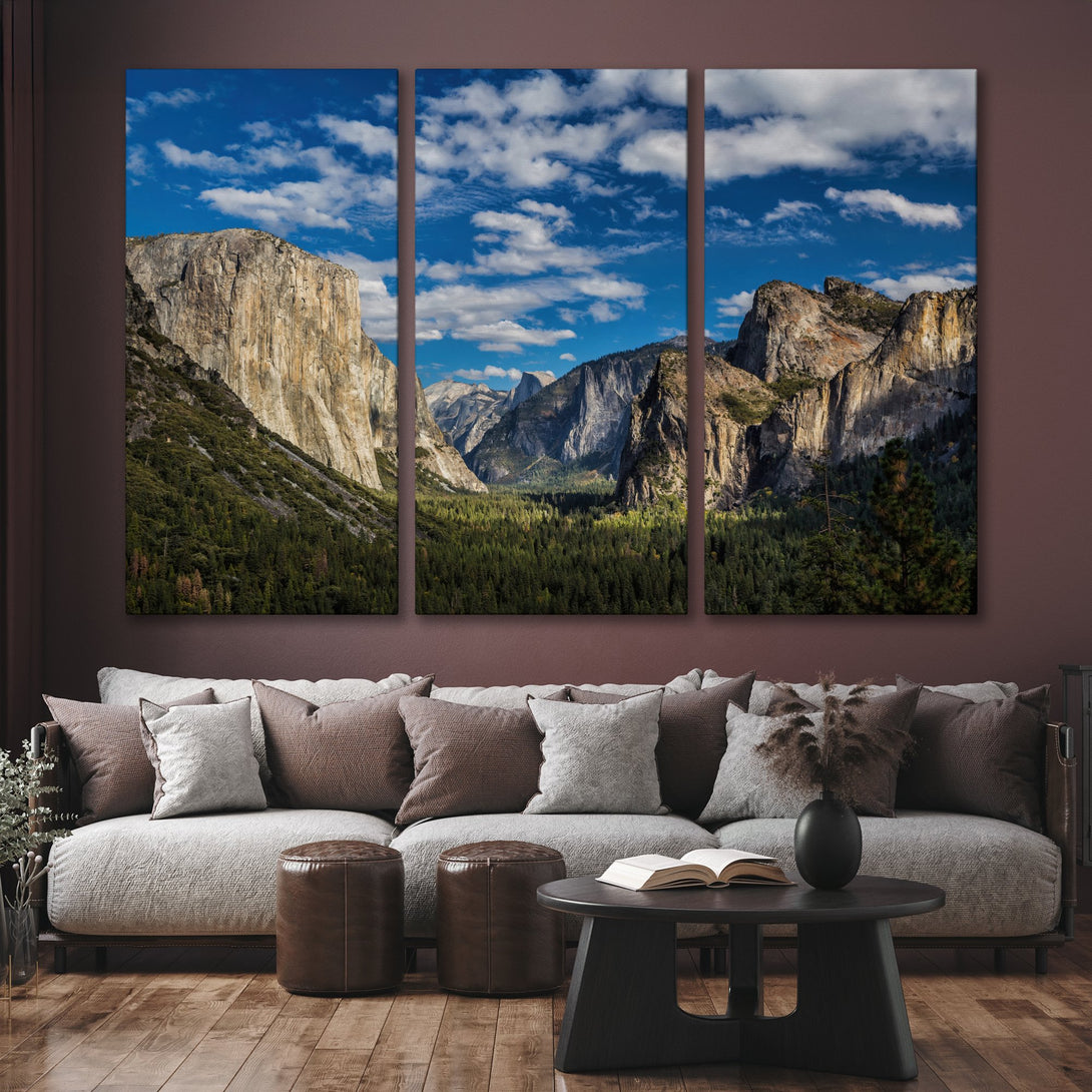 Canvas Print of Yosemite Valley landscape. Stunning blue sky, green trees, and neutral mountain tones. Modern wall art for your home.
