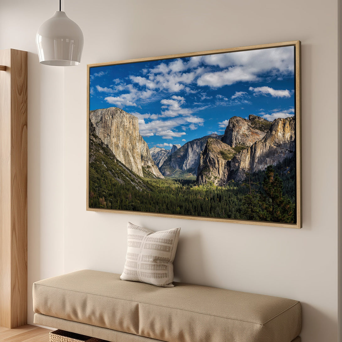 Framed Wall Art: Majestic mountain landscape Canvas Print. Earthy tones of green, brown, and blue create a serene, natural aesthetic for your home decor.