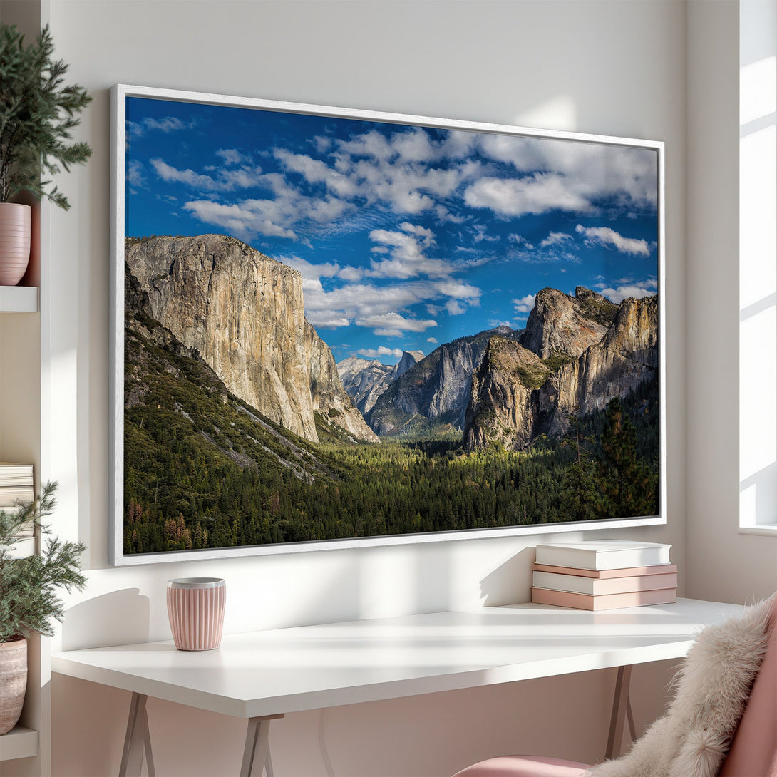 Framed Wall Art of Yosemite Valley landscape. Stunning blue sky, green forest, & mountain range. Add this nature Canvas Print to your home decor!