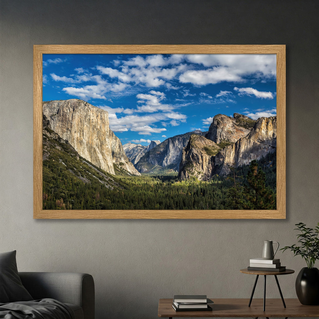 Framed Poster featuring a stunning mountain landscape with blue sky, green trees, and neutral tones. Perfect wall art!