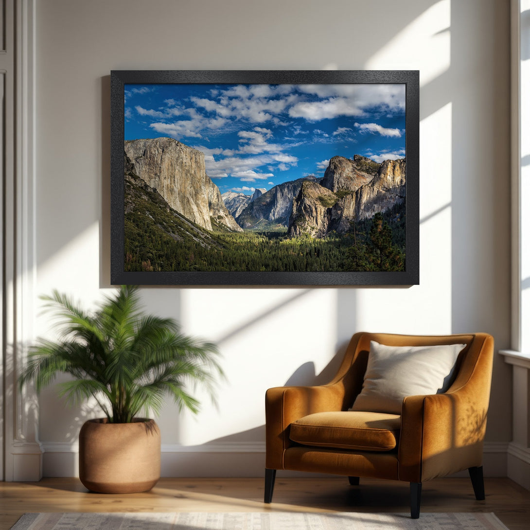Framed Poster of Yosemite Valley landscape art. Featuring vibrant blue sky, green trees, and natural earth tones. Perfect wall decor.