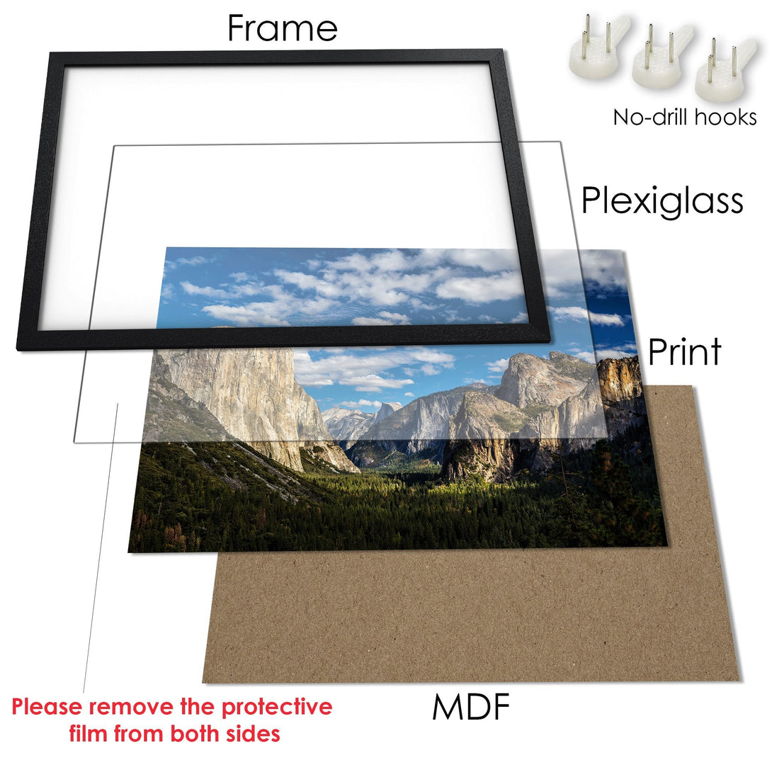 Framed Poster featuring a scenic landscape with mountains and blue sky. Earthy tones and natural style. Ready to hang!