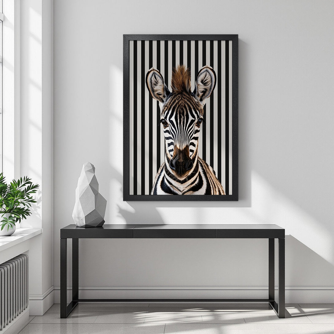 Framed Poster featuring a zebra portrait with black and white stripes. Modern, stylish art print with a neutral color palette. Perfect wall decor!