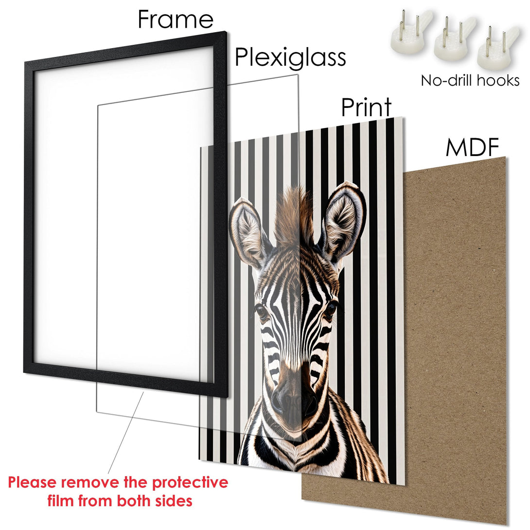 Framed Poster featuring a zebra portrait in black and white, modern style. Perfect wall art!