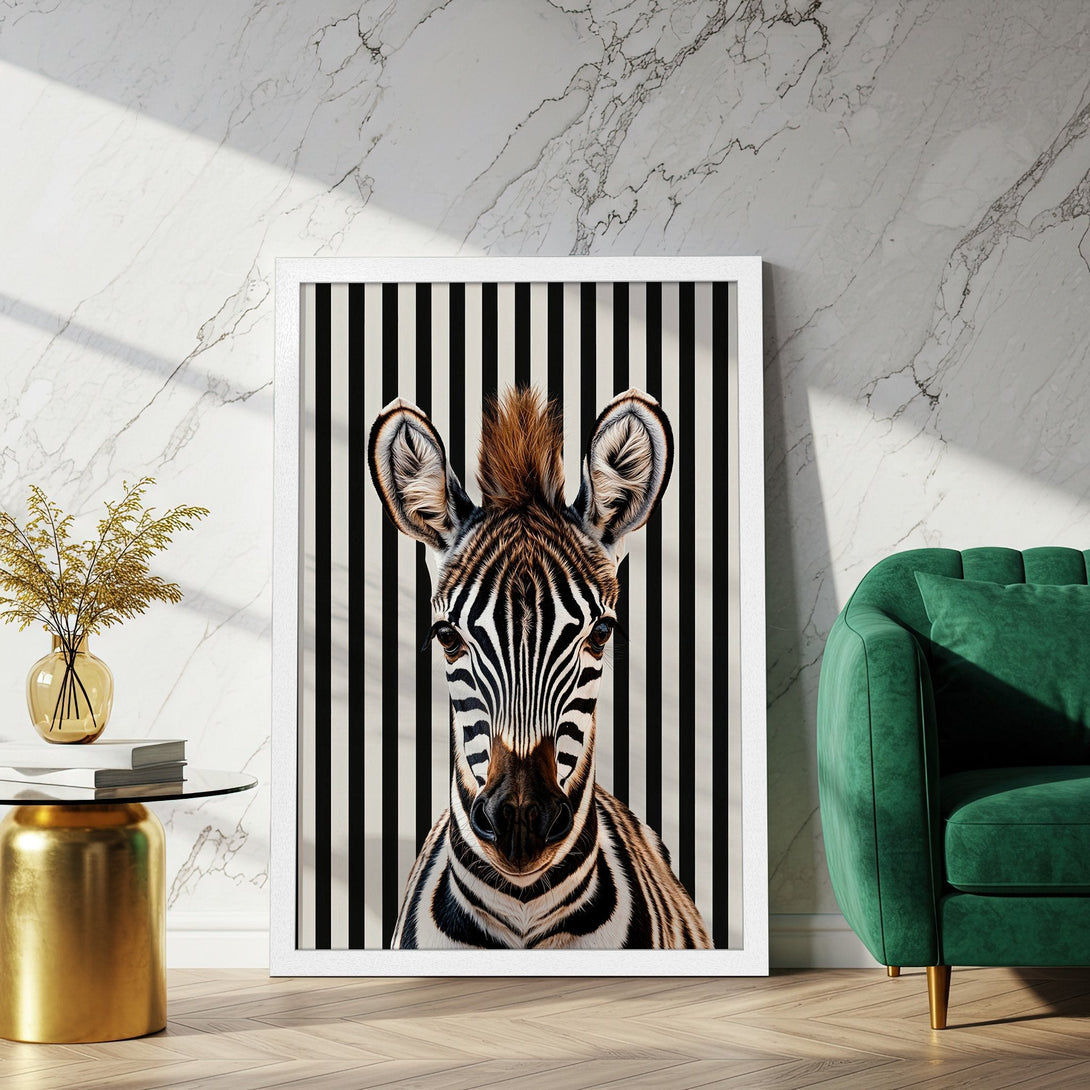 Framed Poster featuring a zebra portrait with a striking black and white striped background. Modern art with neutral tones.