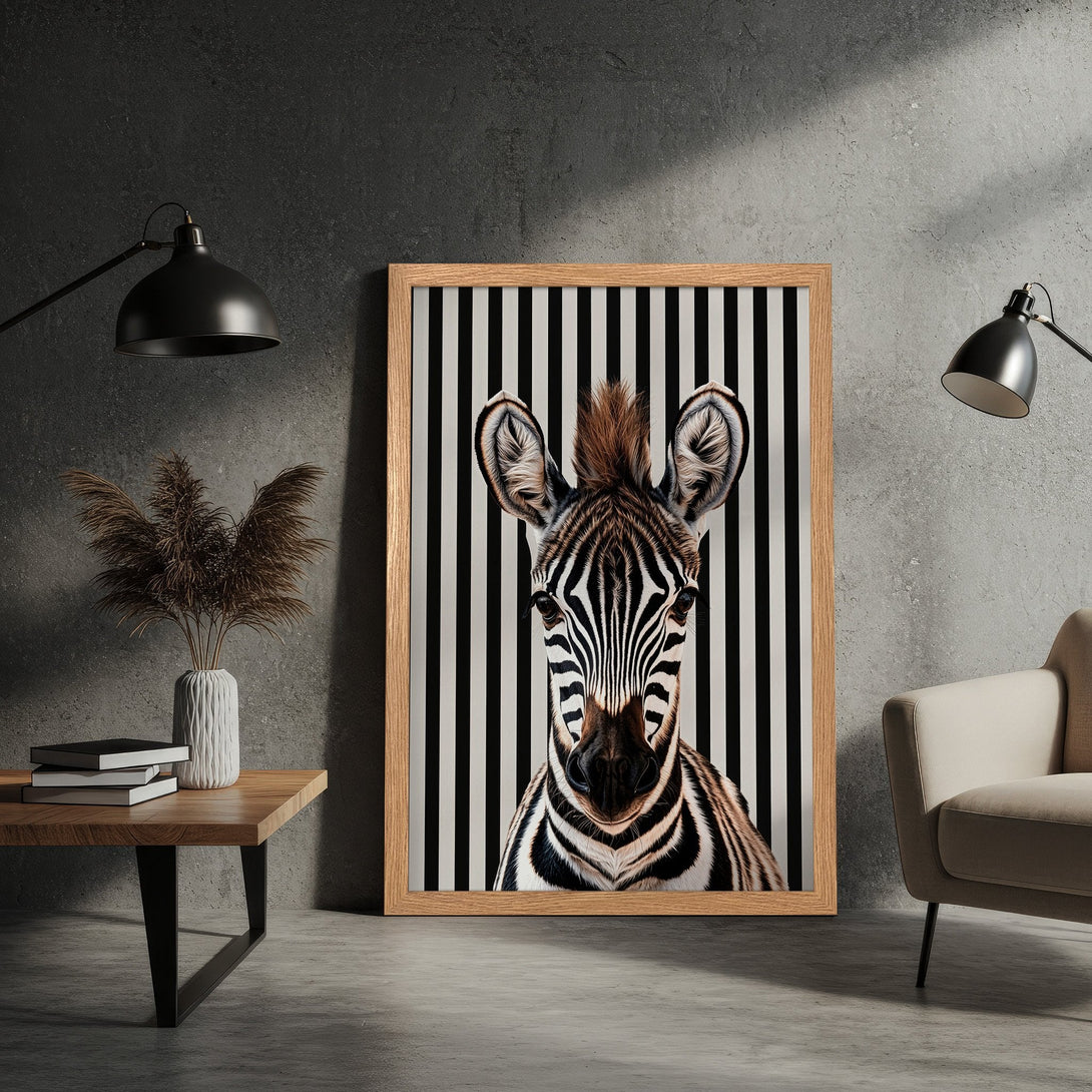 Framed Poster featuring a zebra portrait with black and white stripes. Modern art style with neutral color palette. Perfect wall decor!