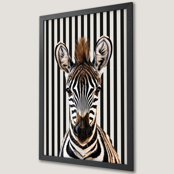 Framed Poster featuring a zebra portrait with a black and white striped background. Modern art style with neutral color palette. Perfect wall decor!