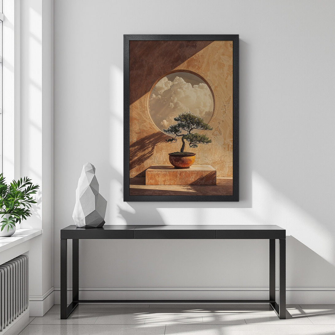 Framed Poster featuring a bonsai tree, minimalist style, warm earth tones and serene clouds. Perfect wall art for a calming space.