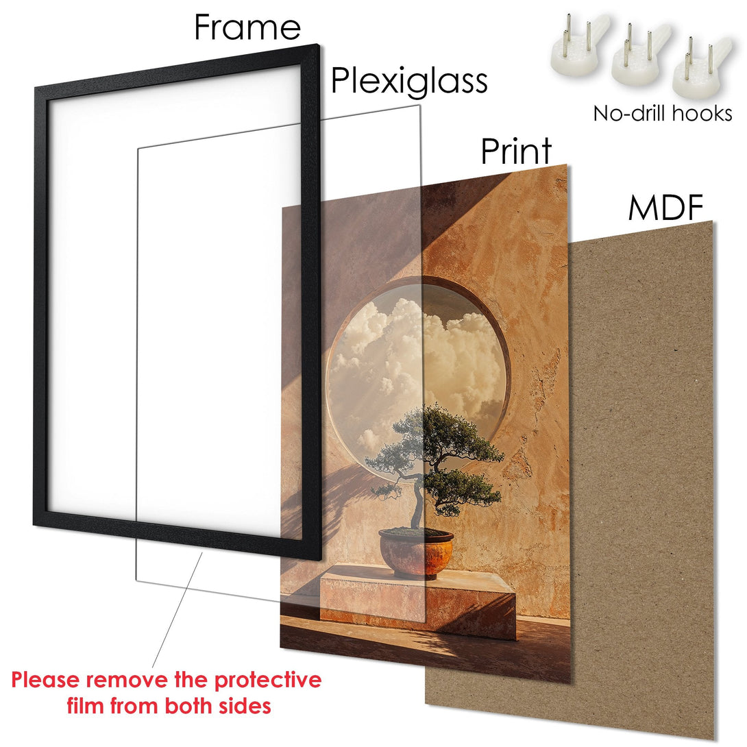 Framed Poster featuring a bonsai tree. Warm, earthy tones and a minimalist style. Perfect wall art for a serene space.