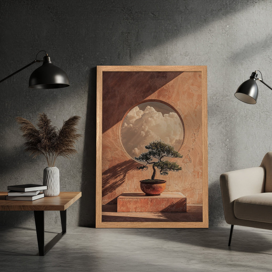 Framed Poster featuring a bonsai tree with a serene, minimalist style and warm, earthy color palette. Perfect wall art!