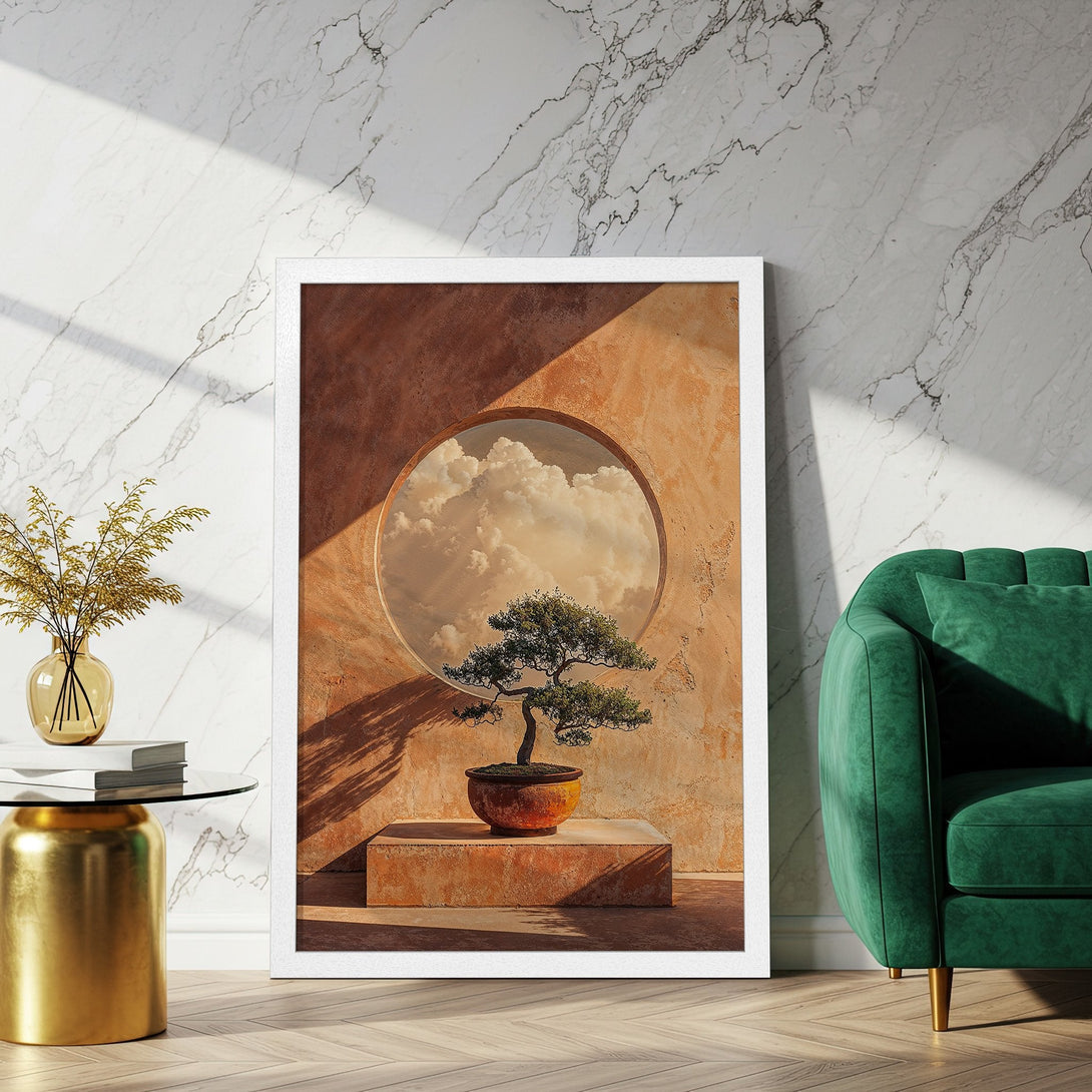 Framed Poster featuring a bonsai tree with a warm, earthy color palette. Perfect wall art for a modern, zen home.