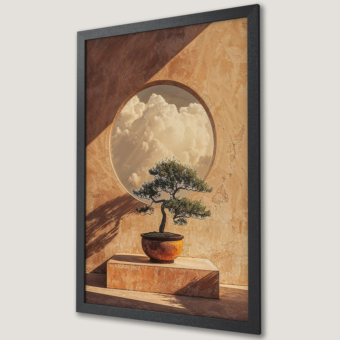 Framed Poster featuring a serene bonsai tree with a cloudscape backdrop, warm earthy tones, and a minimalist style. Perfect wall art!