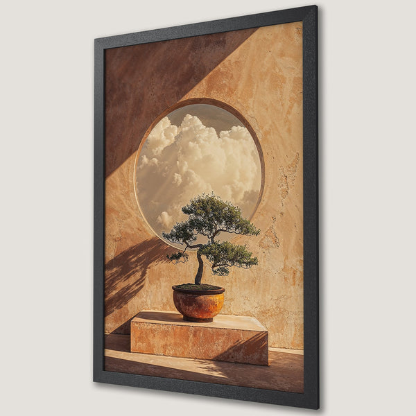 Framed Poster featuring a serene bonsai tree with a cloudscape backdrop, warm earthy tones, and a minimalist style. Perfect wall art!