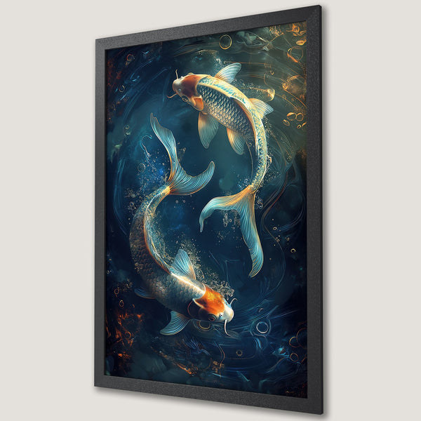 Framed Poster of Koi fish in a dreamy, artistic style. Featuring a blue and gold color palette, perfect wall art for any space.
