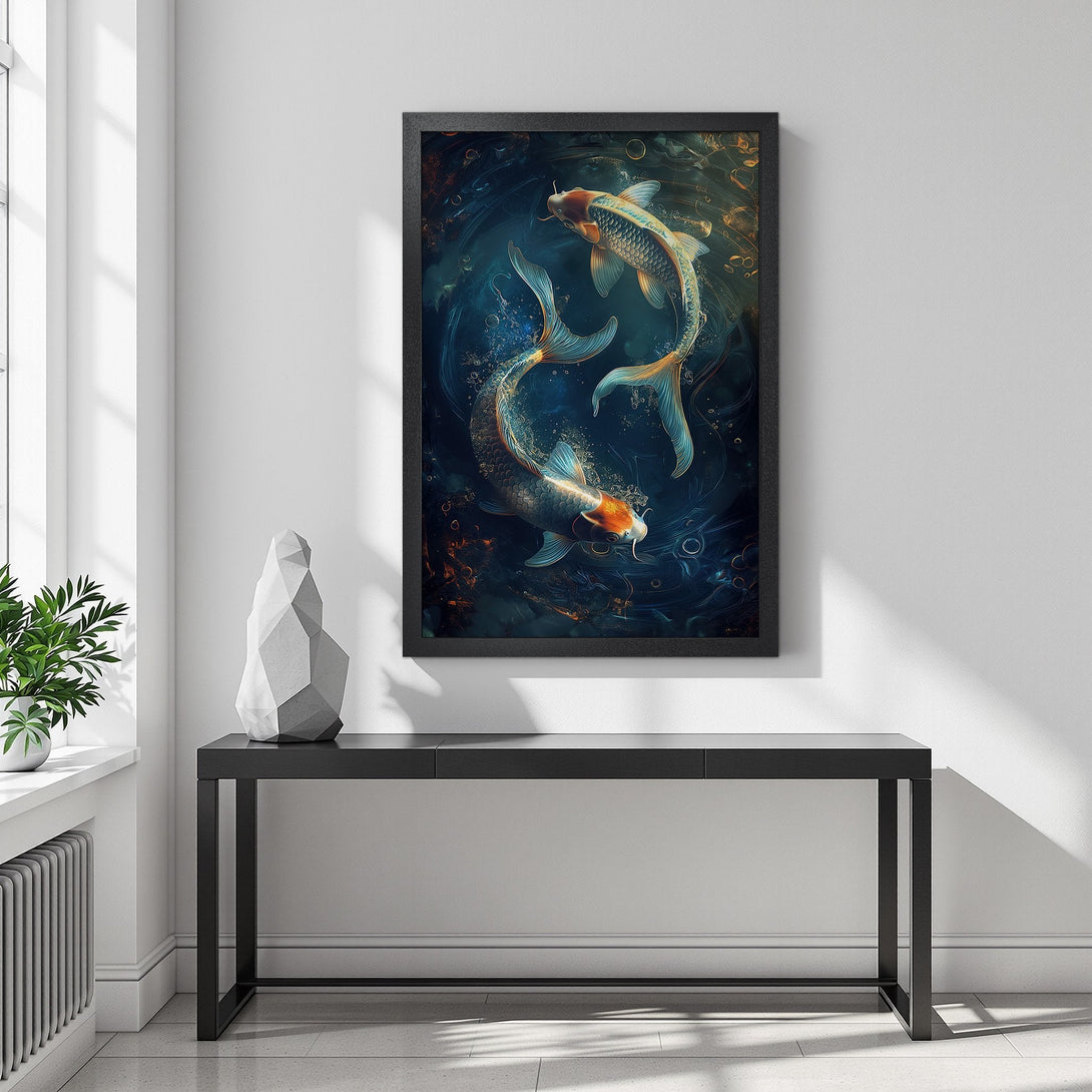Framed Poster featuring koi fish artwork in a modern style with a blue and gold color palette, perfect for home decor.