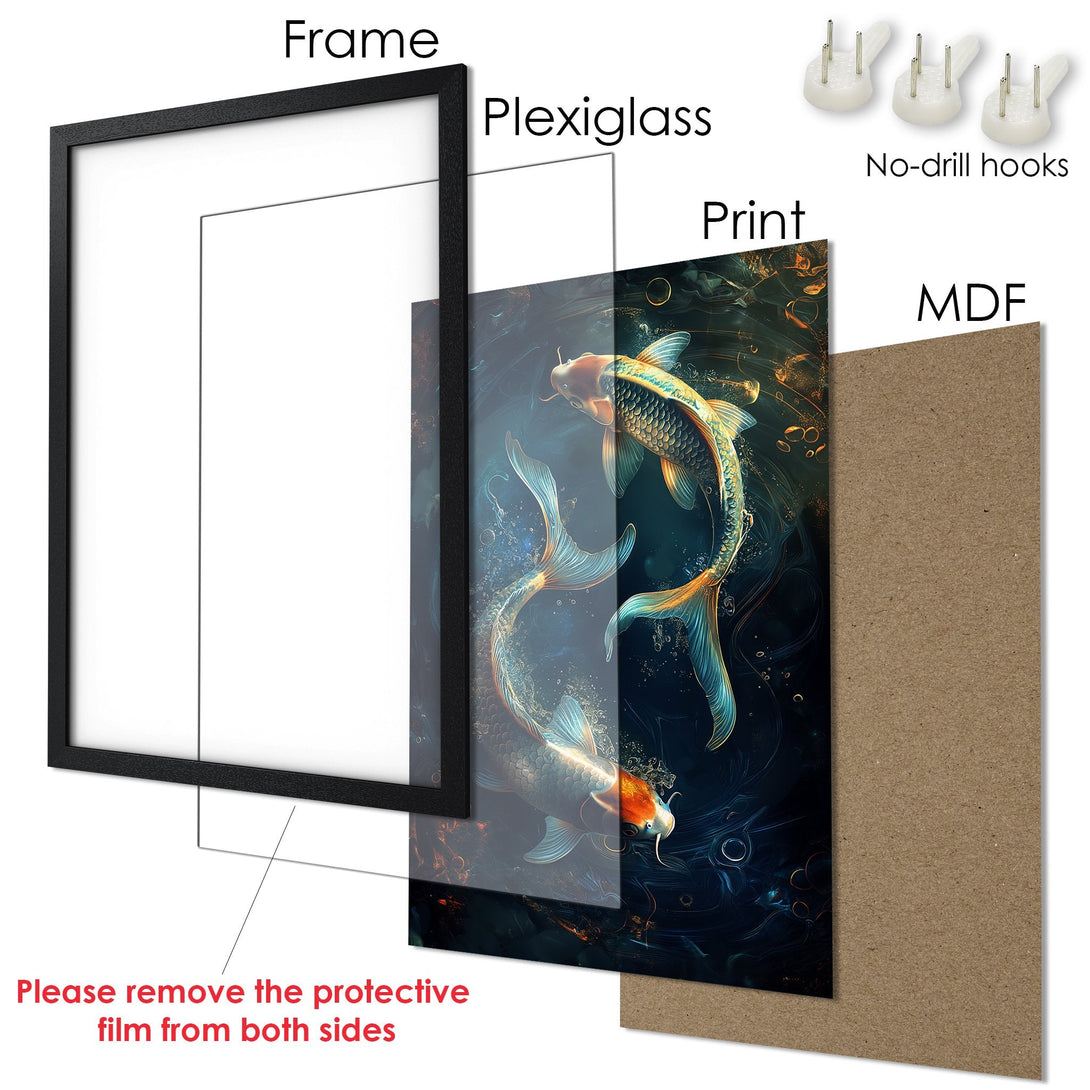 Framed Poster featuring koi fish art in a dark blue and gold color palette. Modern style, perfect for home decor.