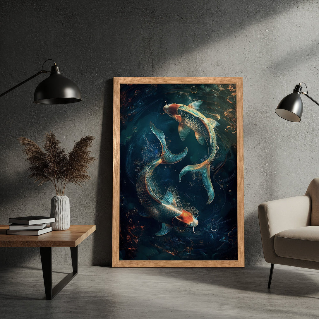 Framed Poster featuring koi fish art in teal and orange, elegant style. Perfect wall decor for a serene atmosphere.