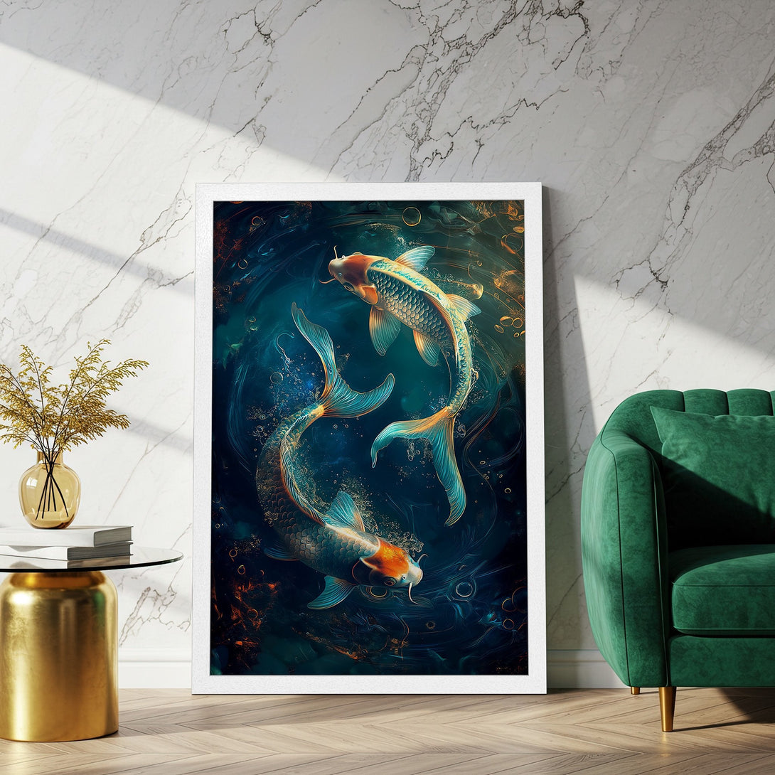 Framed Poster featuring koi fish in a vibrant, artistic style with a blue, orange, and teal color palette, perfect wall art.