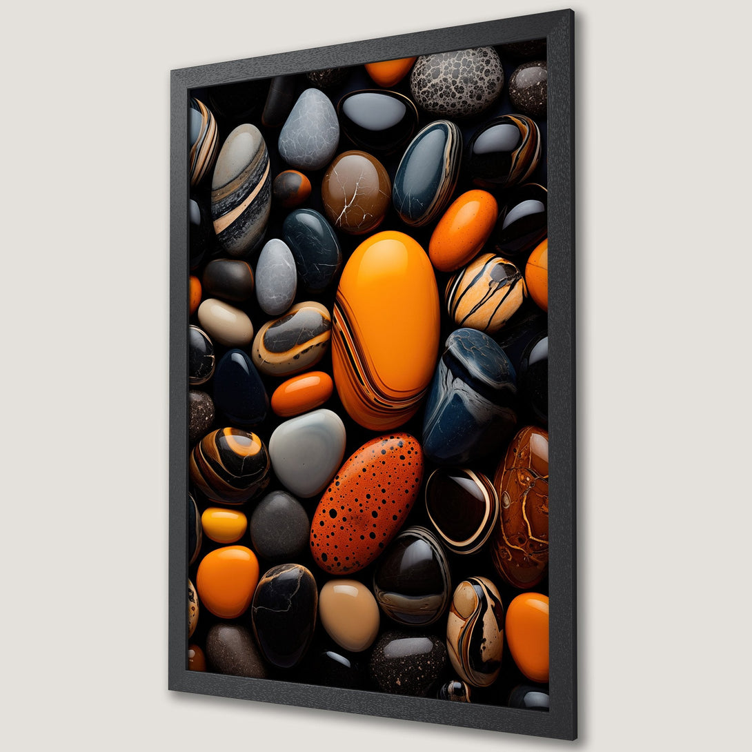Framed Poster featuring vibrant, abstract pebbles in orange, black, and brown tones. Modern art style for home decor.