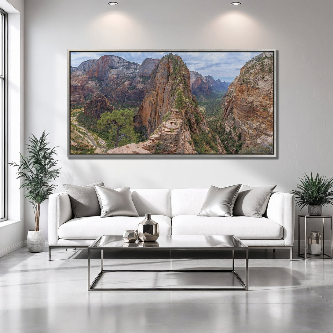 Framed Wall Art: Stunning landscape Canvas Print of Zion National Park. Earth-toned mountains in a modern living room. Elevate your space!