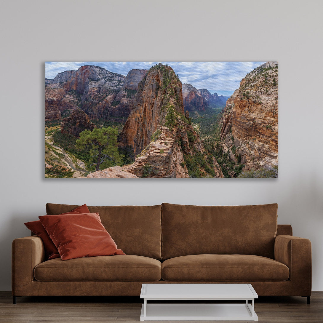 Framed Wall Art featuring a stunning landscape of Zion National Park. Earthy tones of brown and green create a warm, inviting atmosphere. Perfect for adding nature to your home!