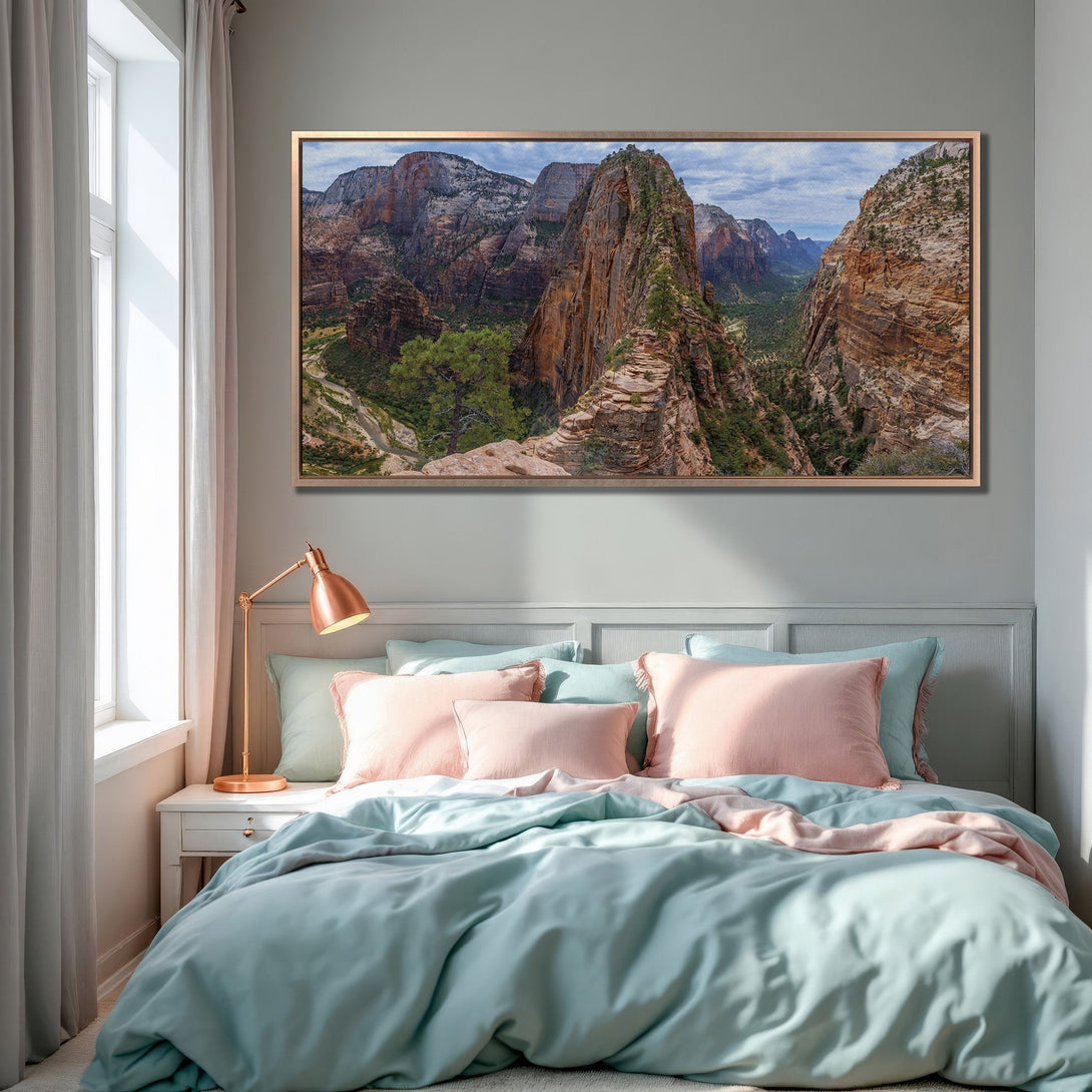 Framed Wall Art of a majestic mountain landscape in warm earth tones. Perfect for adding a touch of nature to your bedroom decor.