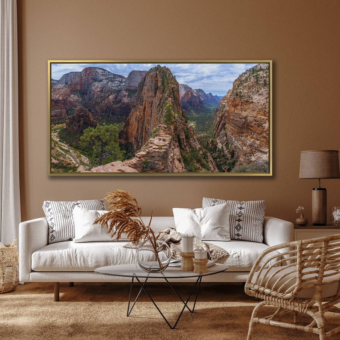 Canvas Print of a majestic mountain landscape in warm earth tones, perfect for adding a touch of nature to your home decor.