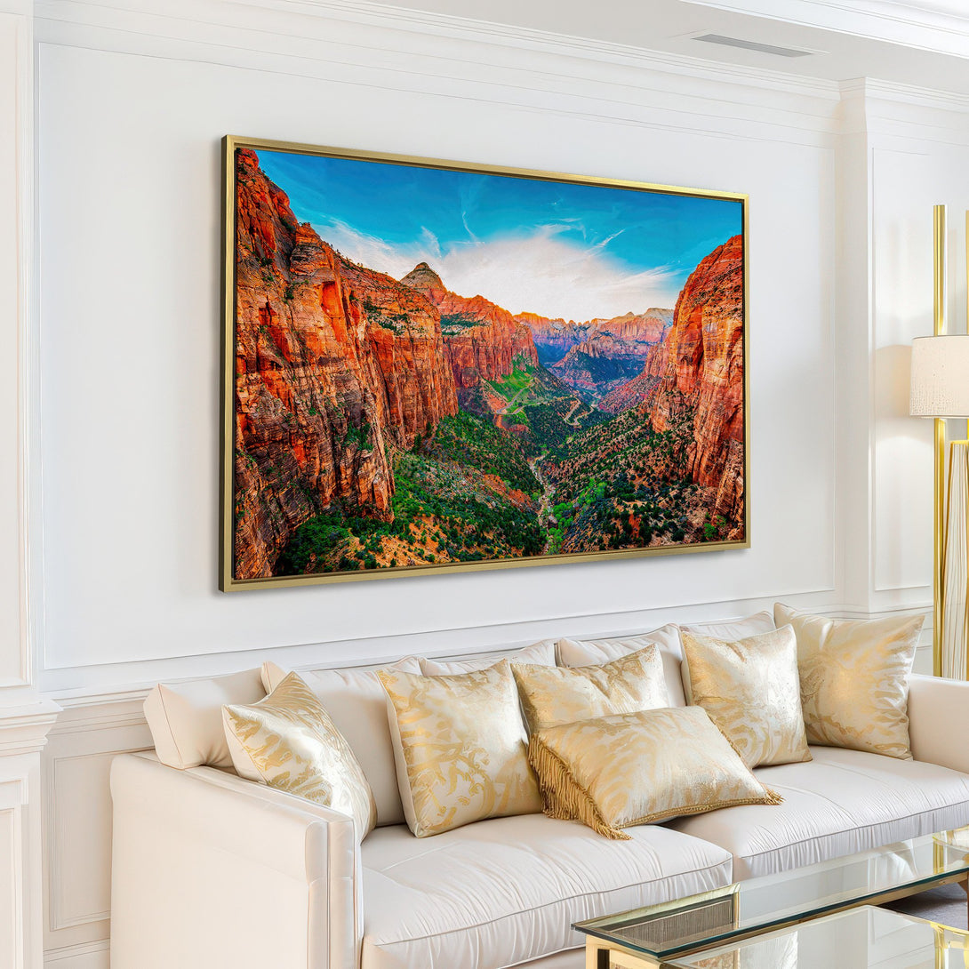 Canvas Print of a vibrant canyon landscape. Earthy tones of red, orange, and green create a stunning focal point for any room.
