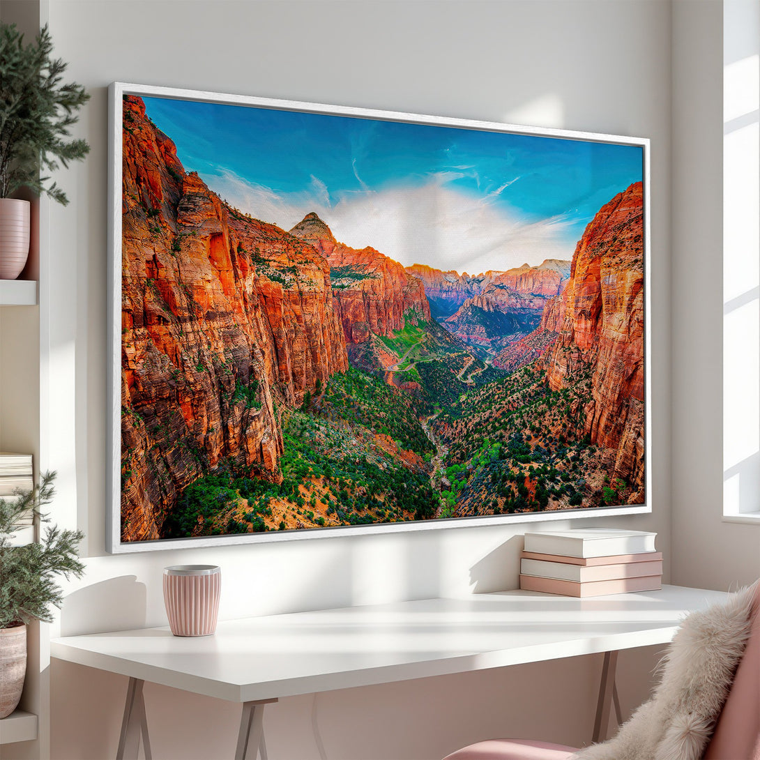 Framed Wall Art of Zion Canyon landscape. Stunning Canvas Print with vibrant orange, green, and blue hues. Elevate your space with this breathtaking artwork.