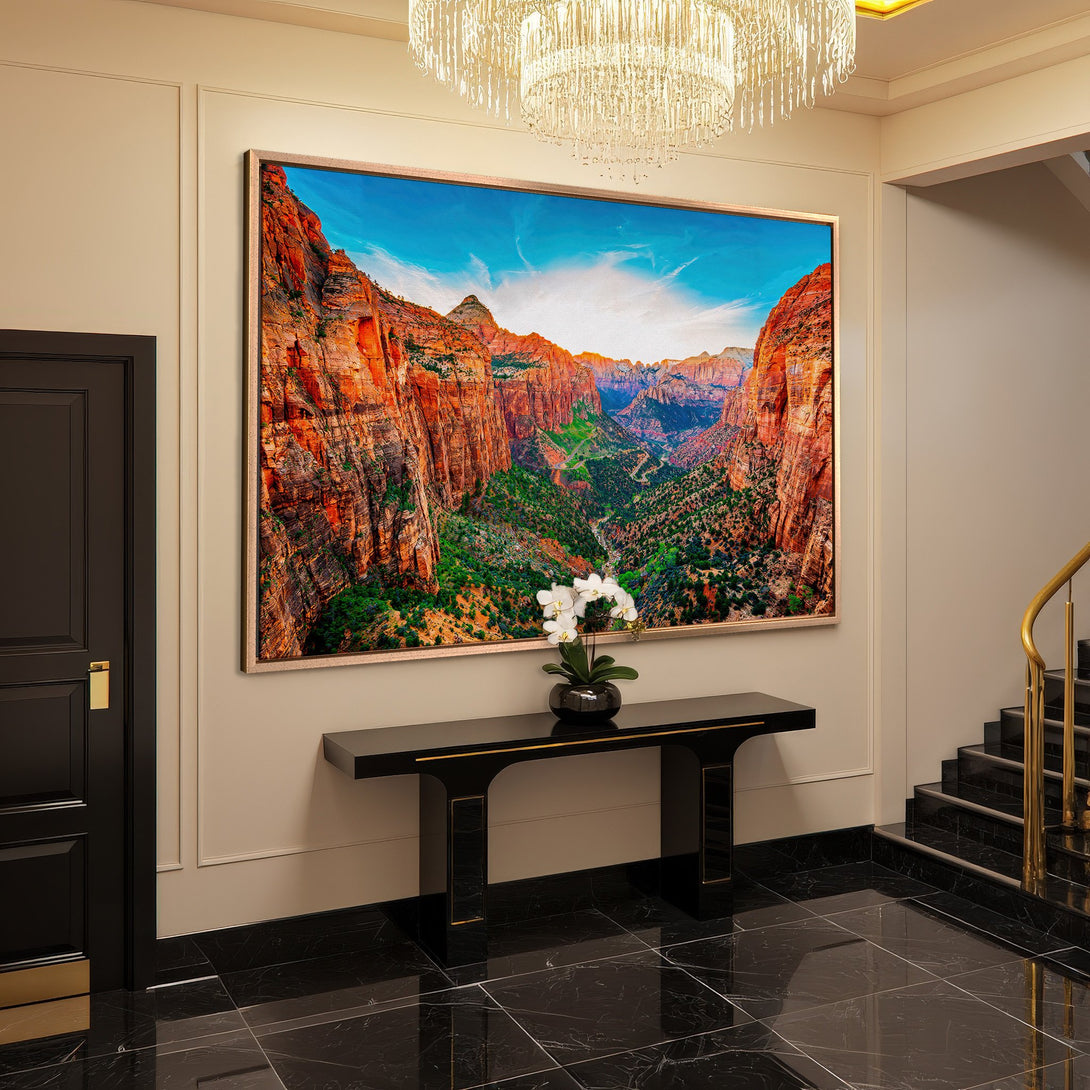 Framed Wall Art: Majestic canyon landscape Canvas Print. Earthy tones of red, orange, and green create a stunning focal point for any interior.