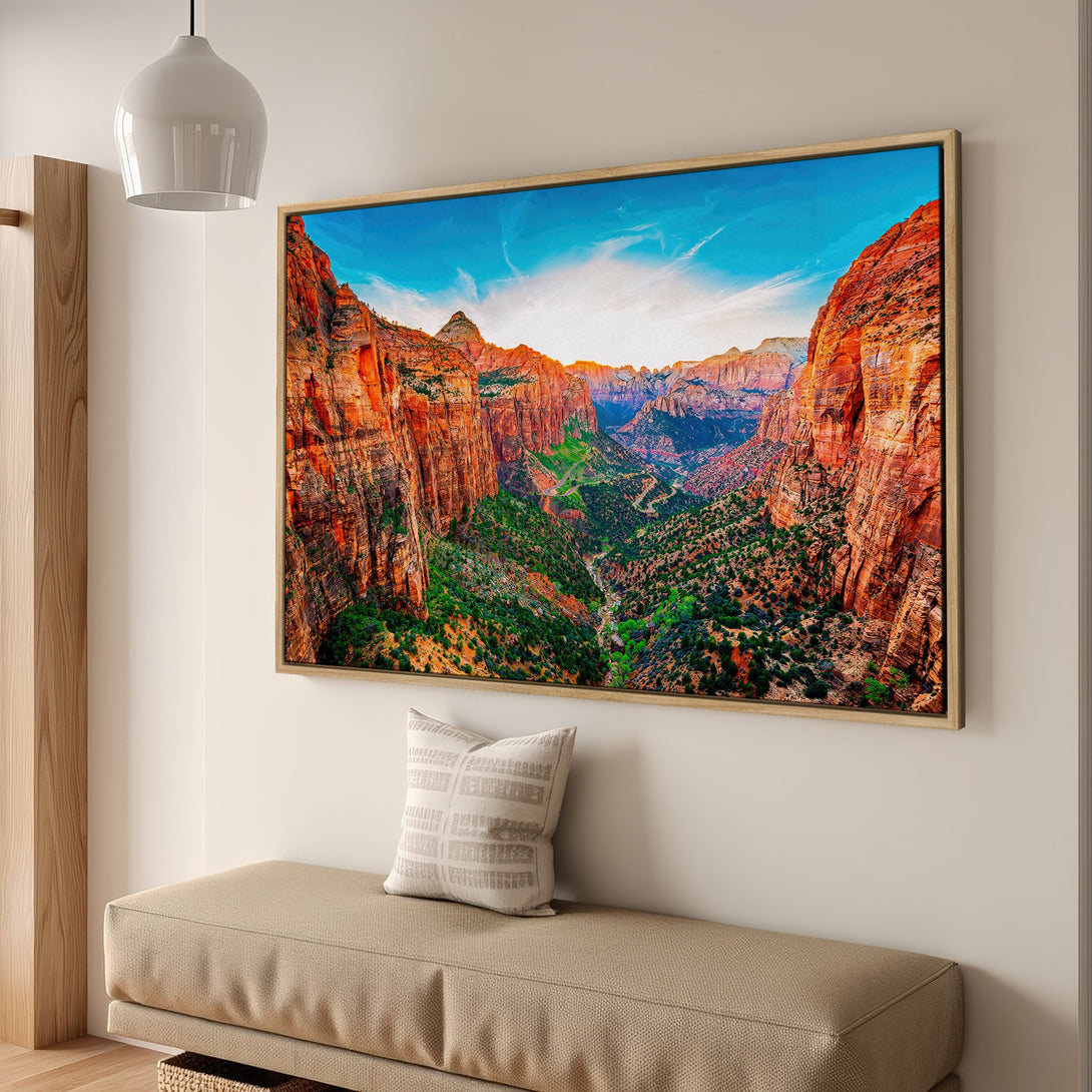 Framed Wall Art of Zion Canyon. Dramatic landscape art with vibrant orange, blue, and green hues. Perfect for adding a touch of nature to your home.