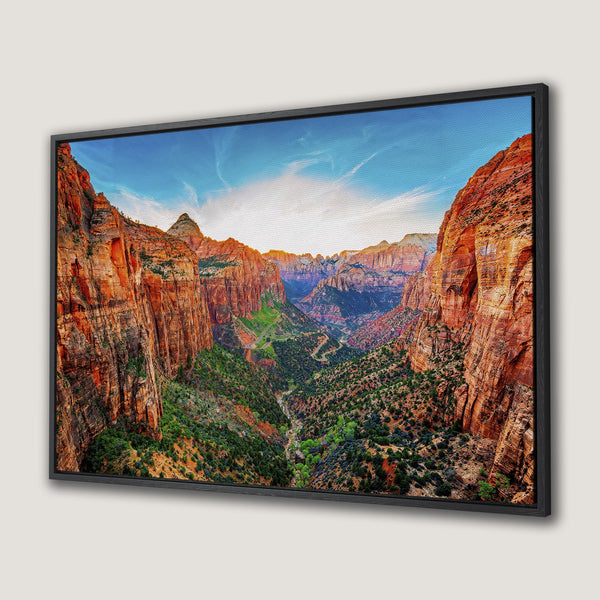 Framed Wall Art: Stunning landscape Canvas Print of Zion Canyon. Warm orange and green hues bring the majestic scenery to life. Perfect wall decor!
