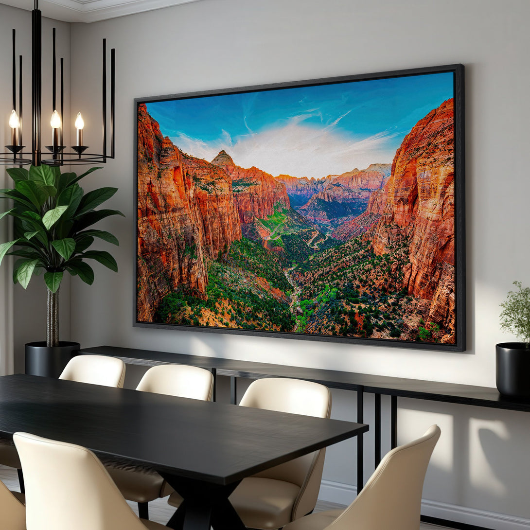 Framed Wall Art: Stunning canyon landscape Canvas Print. Vibrant orange, green, and blue color palette. Perfect for adding a touch of nature to your home decor.