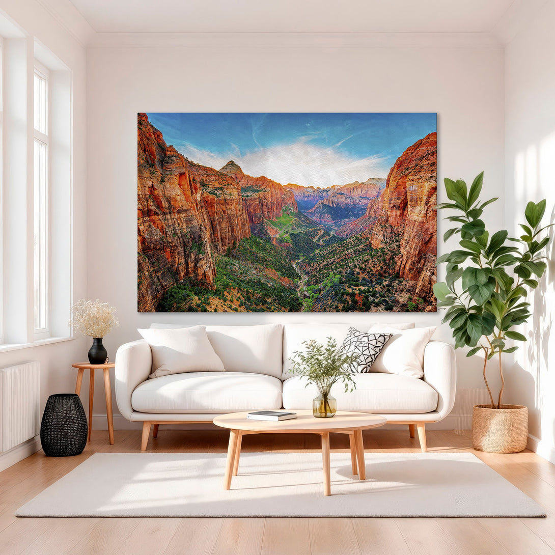 Framed Wall Art: Stunning canyon landscape Canvas Print. Warm earth tones and blue sky create a vibrant, modern art piece for your home. Elevate your decor!