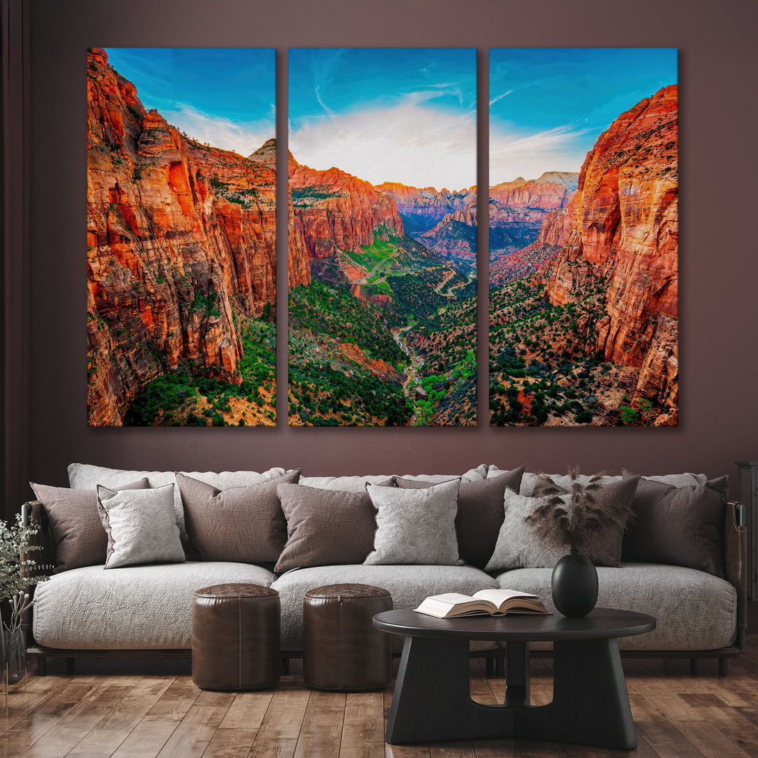 Canvas Print of a stunning canyon landscape in vibrant orange, green, and blue hues. Modern wall art for a stylish home.